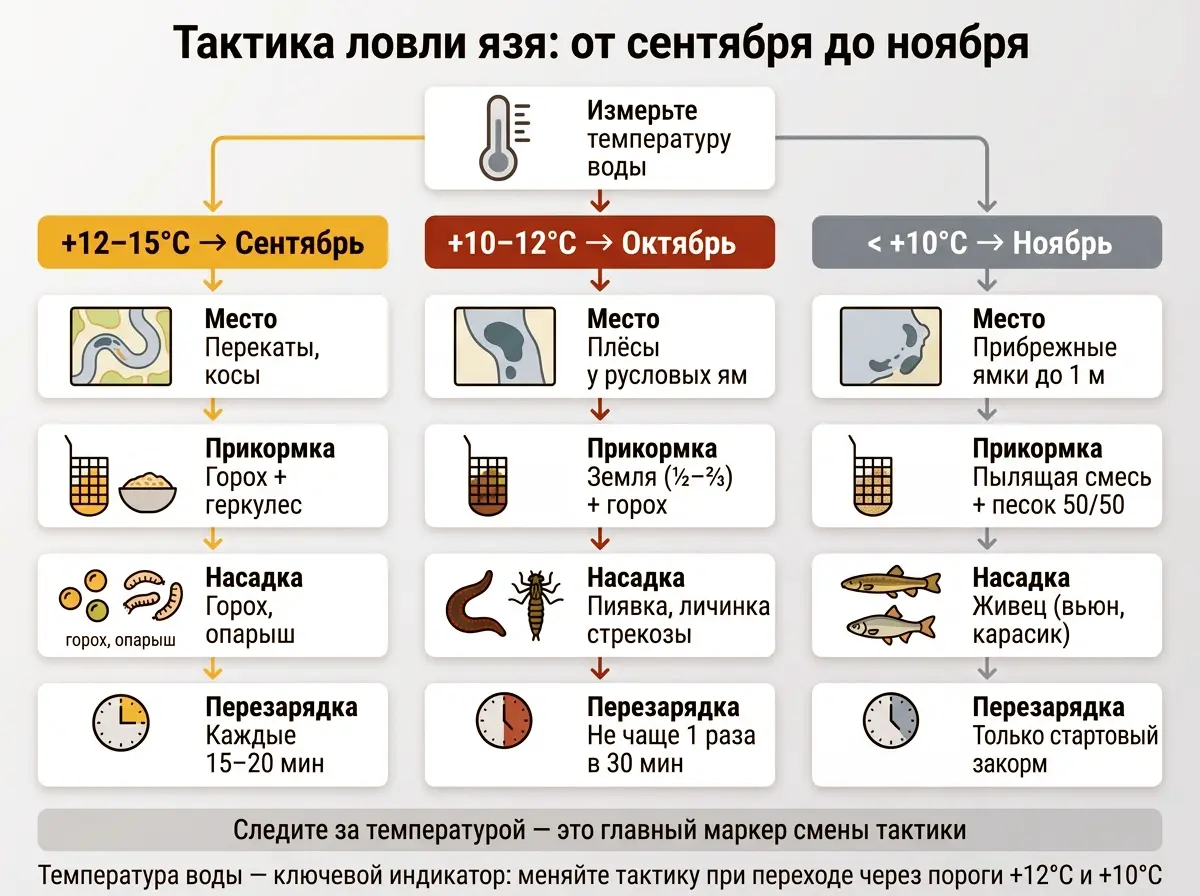 Схема ловли язя по месяцам: от сентября до ноября Тактика ловли язя осенью: инфографика с выбором места, прикормки и насадки по температуре воды в сентябре, октябре и ноябре