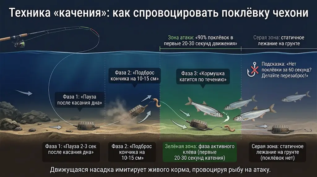 Как ловить чехонь на фидер: техника качения Техника качения для ловли чехони на фидер: пошаговая инфографика фаз проводки кормушки по течению и зон клева