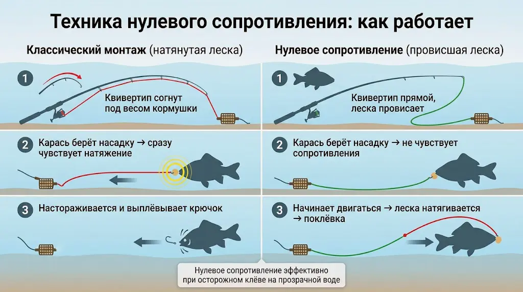 Сравнение монтажей: классический и нулевое сопротивление Техника нулевого сопротивления: сравнение с классическим монтажом при ловле карася. Реакция рыбы на натянутую и провисшую леску