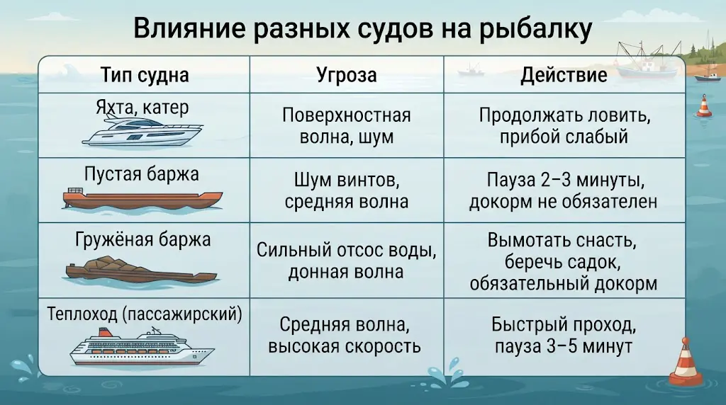 Как влияют суда на рыбалку: таблица действий Таблица с типами судов и их влиянием на клев: яхта, пустая и груженая баржа, пассажирский теплоход и рекомендации действий