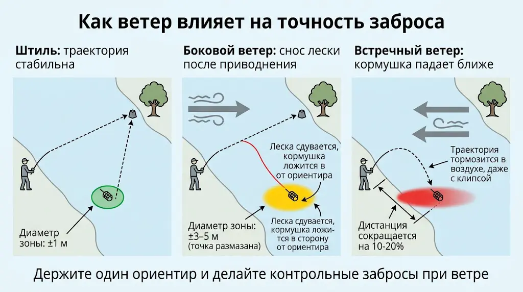 Как ловить фидером на стоячих водоемах: промер дна, закорм, точность 5 Инфографика: как ветер влияет на точность заброса фидером при штиле, боковом и встречном ветре