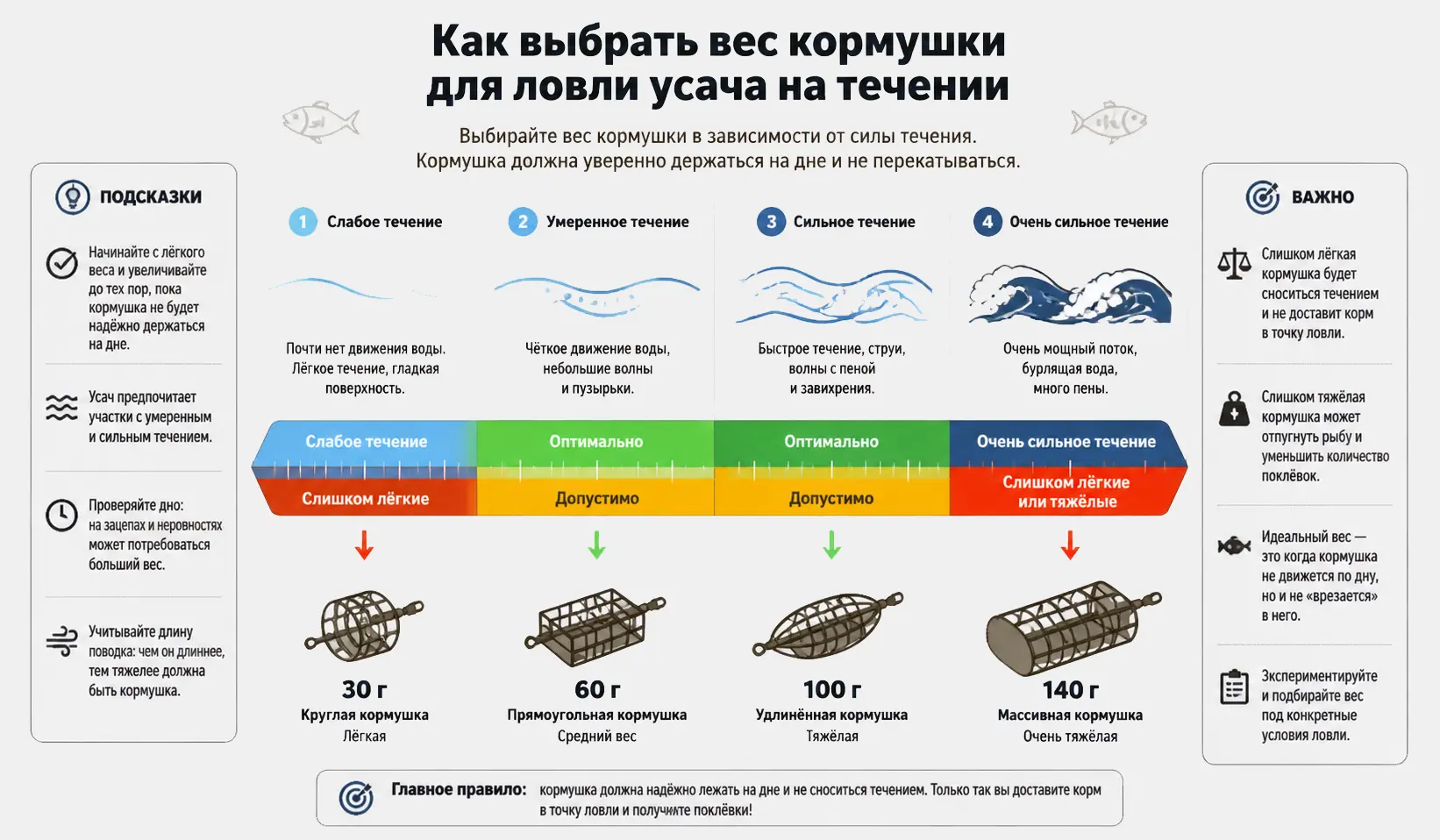 Как подобрать вес кормушки для усача Инфографика по выбору веса кормушки для ловли усача на течении: четыре уровня течения от слабого до очень сильного, рекомендации по весу и типам кормушек, правило надёжного удержания на дне