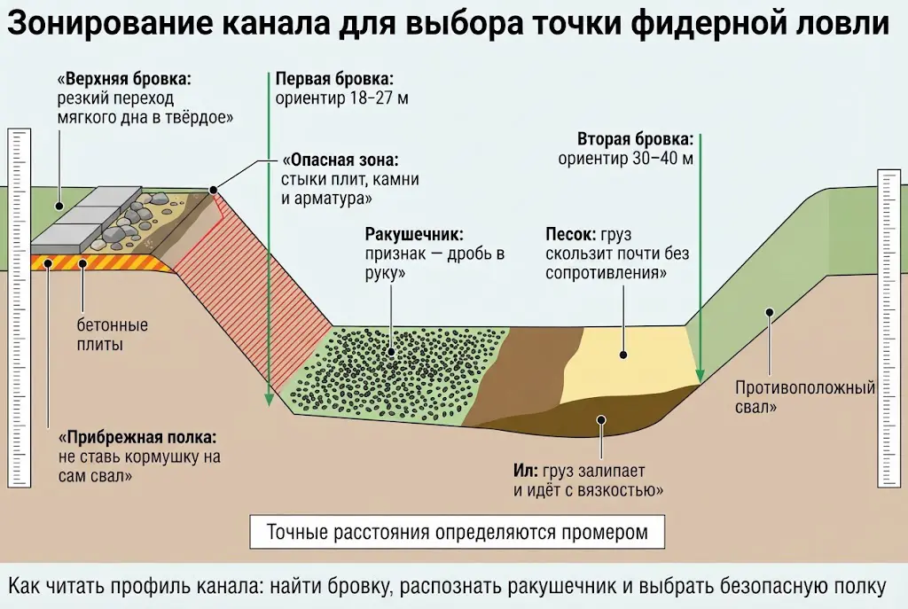 Зонирование канала и выбор точки фидерной ловли Схема зонирования канала для фидерной ловли с указанием бровок, ракушечника, песка и илистого дна для выбора точки